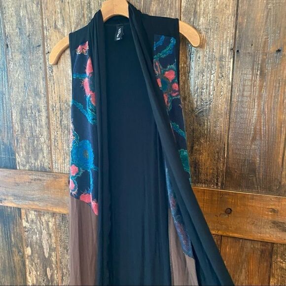 Sacred Threads S/M Black Teal BOHO Floral Fabric Lagenlook Sleeveless Duster - Picture 13 of 13
